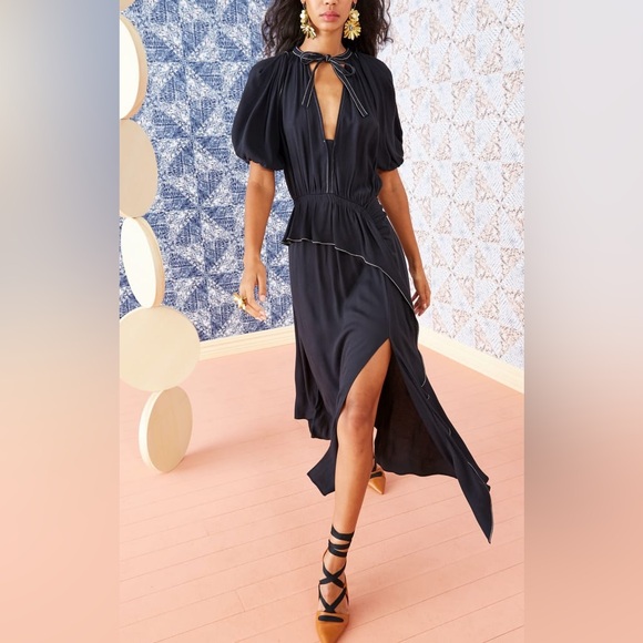 Ulla Johnson Dresses & Skirts - Ulla Johnson Leah Dress Noir Black Midi Puff Sleeve Contrast‎ Trim Size 10 Tie